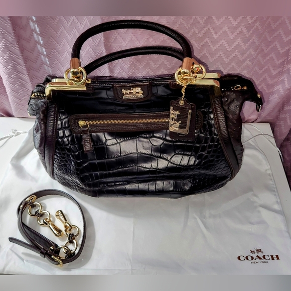Coach Black/ Brown Espresso Textured Leather Satchel with Gold Hardware